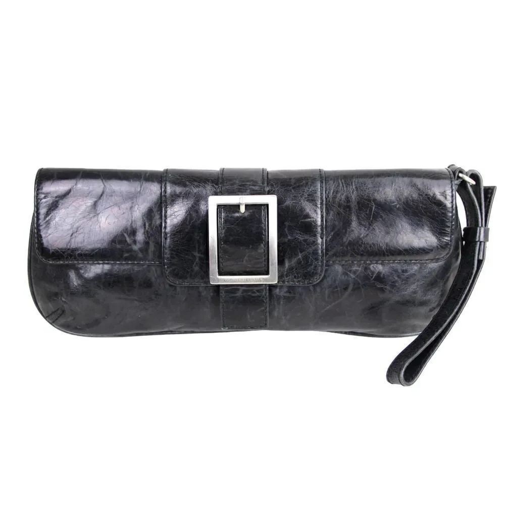 Kenneth Cole NY BLACK GENUINE LEATHER MEDIUM FLAP PURSE CLUTCH WALLET WRISTLET